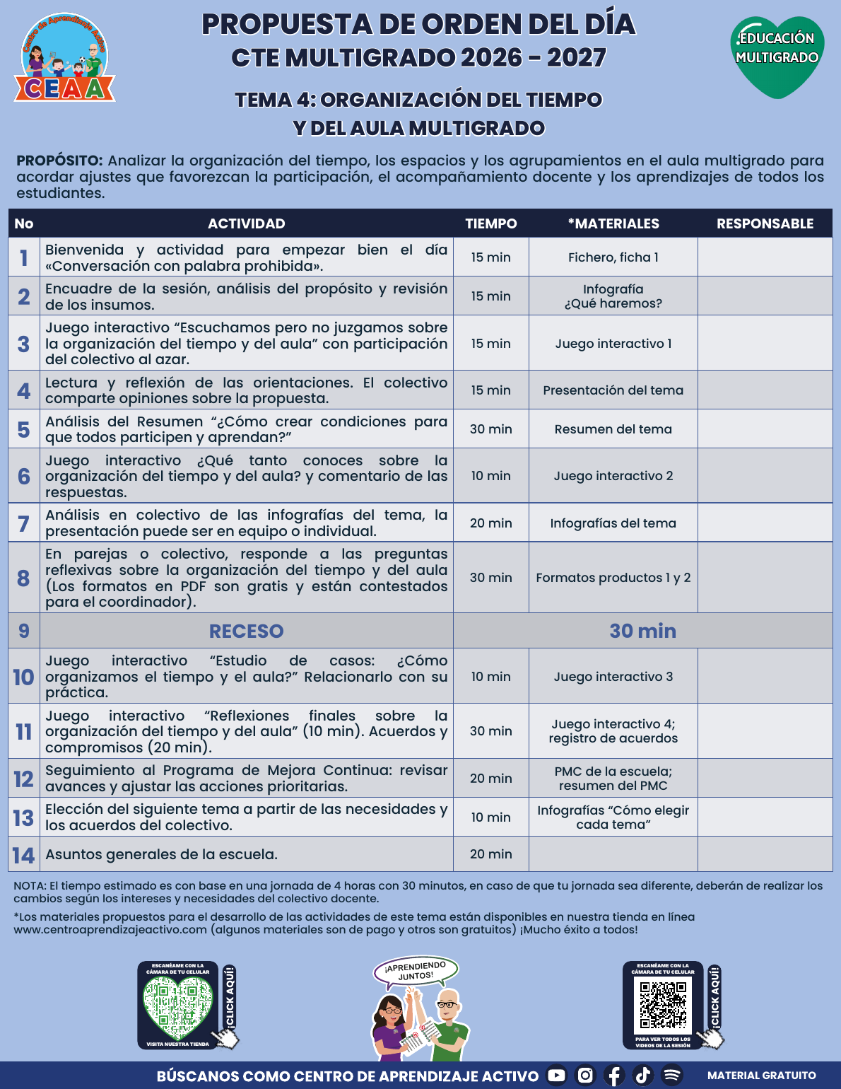 Propuesta de orden del día en PDF gratuito, CTE 2026-2027, Multigrado tema 4: Organización del tiempo y del aula.