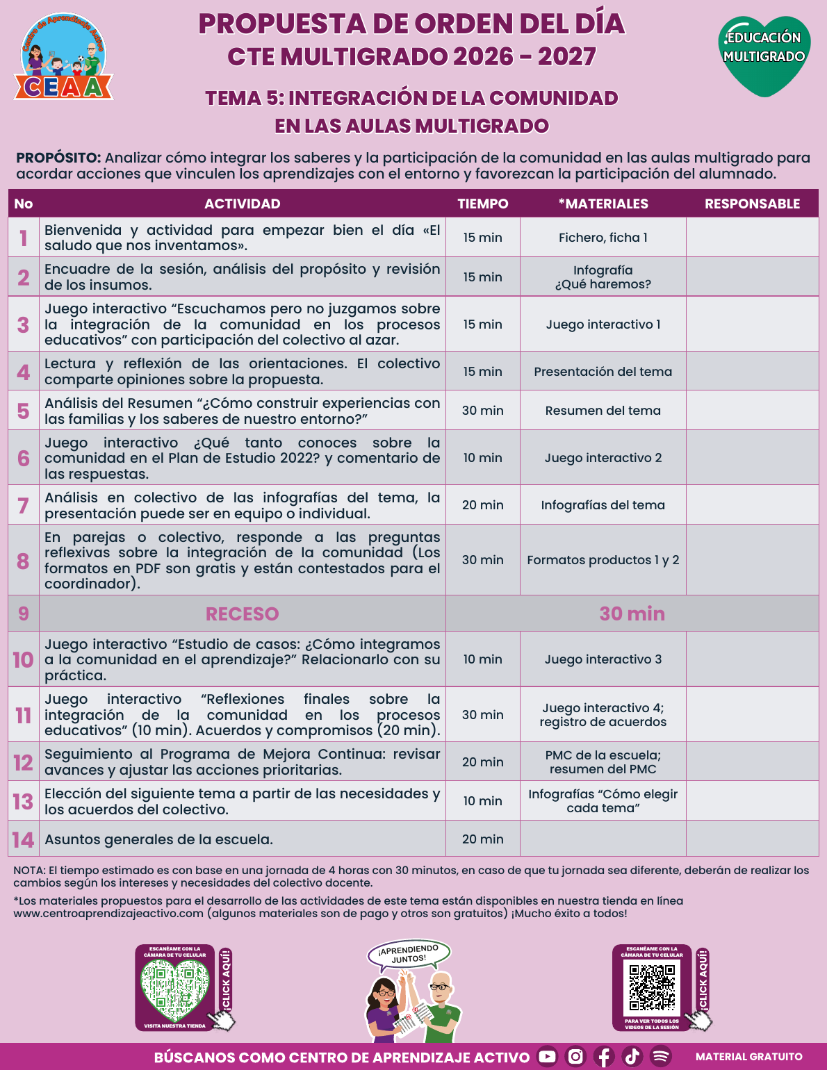 Propuesta de orden del día en PDF gratuito, CTE 2026-2027, Multigrado tema 5: Integración de la comunidad.