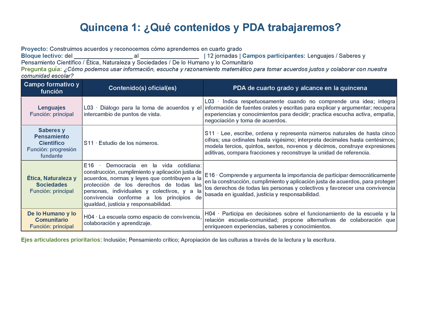 PLANEACIÓN 4° Primaria Primer Periodo (Sep, Oct, Nov) ✏️Editable en Word