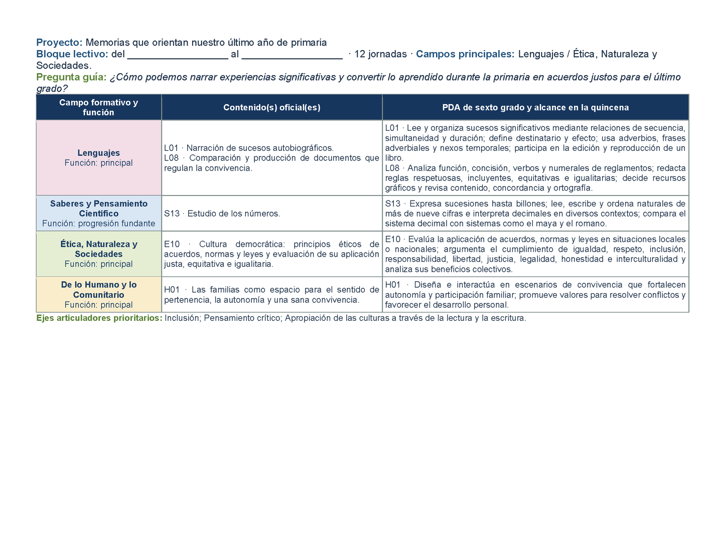 PLANEACIÓN 6° Primaria Primer Periodo (Sep, Oct, Nov) ✏️Editable en Word