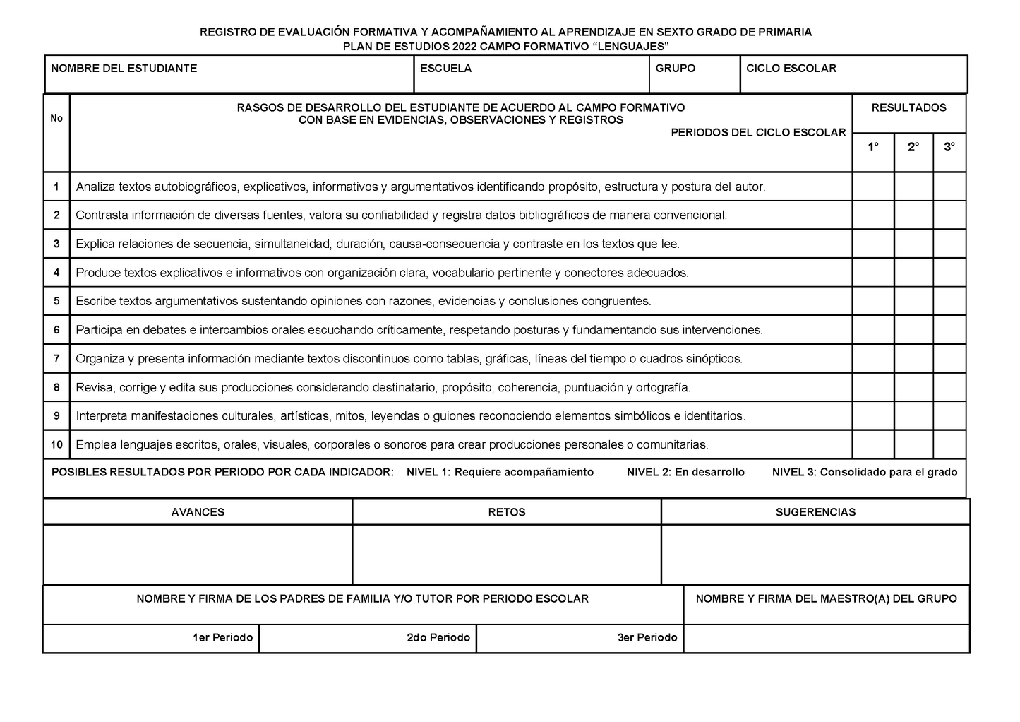 REGISTRO DE EVALUACIÓN FORMATIVA Y ACOMPAÑAMIENTO AL APRENDIZAJE EN SEXTO GRADO DE PRIMARIA Editable en PowerPoint