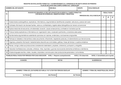 REGISTRO DE EVALUACIÓN FORMATIVA Y ACOMPAÑAMIENTO AL APRENDIZAJE EN SEXTO GRADO DE PRIMARIA Editable en PowerPoint