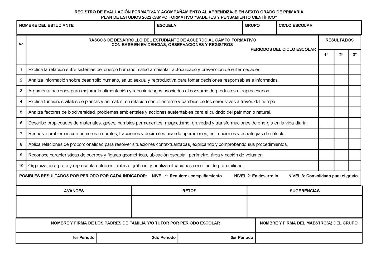 REGISTRO DE EVALUACIÓN FORMATIVA Y ACOMPAÑAMIENTO AL APRENDIZAJE EN SEXTO GRADO DE PRIMARIA Editable en PowerPoint