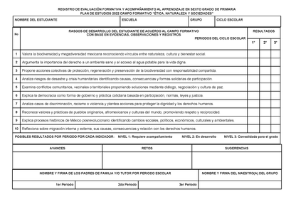 REGISTRO DE EVALUACIÓN FORMATIVA Y ACOMPAÑAMIENTO AL APRENDIZAJE EN SEXTO GRADO DE PRIMARIA Editable en PowerPoint