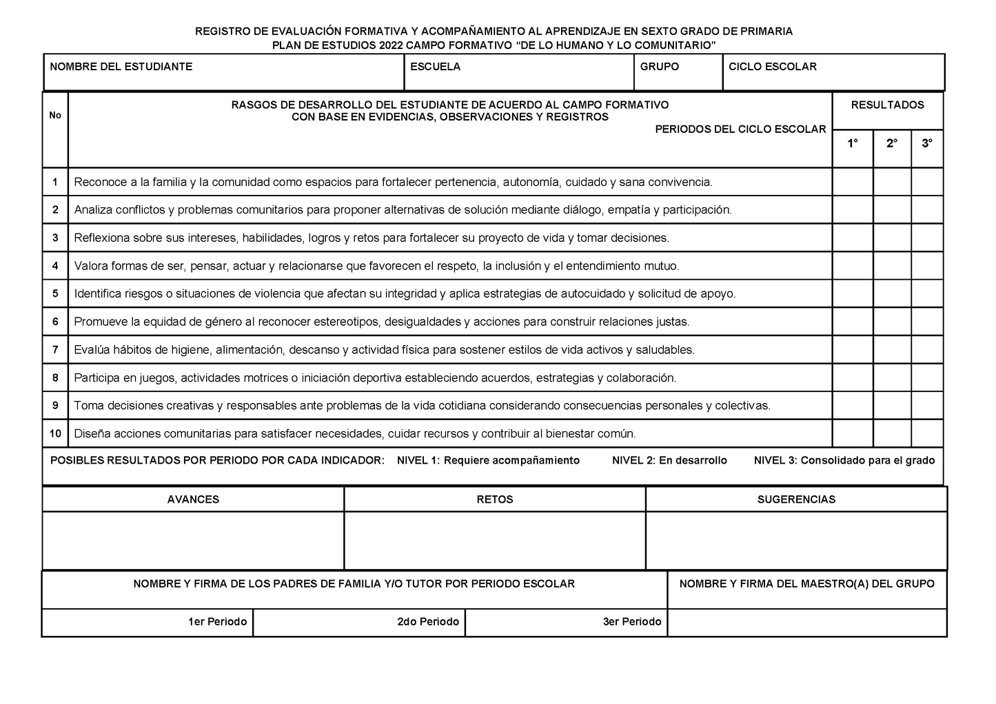 REGISTRO DE EVALUACIÓN FORMATIVA Y ACOMPAÑAMIENTO AL APRENDIZAJE EN SEXTO GRADO DE PRIMARIA Editable en PowerPoint