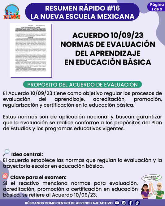 Resumen Rápido #16: ACUERDO 10/09/23 NORMAS DE EVALUACIÓN DEL APRENDIZAJE EN EDUCACIÓN BÁSICA