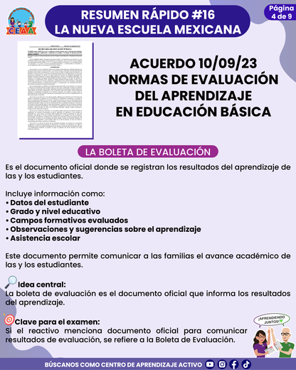 Resumen Rápido #16: ACUERDO 10/09/23 NORMAS DE EVALUACIÓN DEL APRENDIZAJE EN EDUCACIÓN BÁSICA