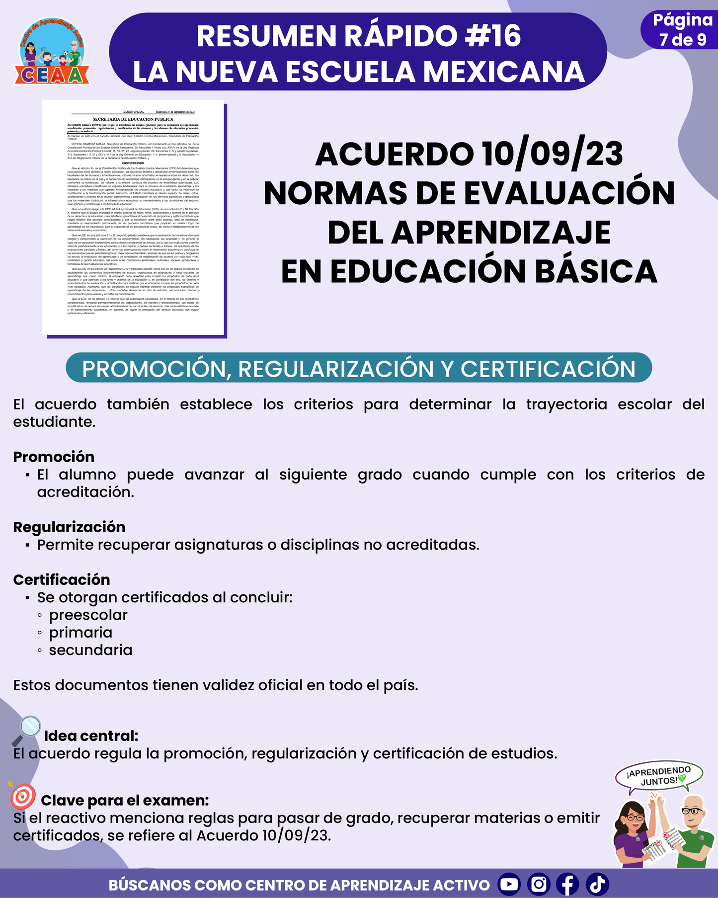 Resumen Rápido #16: ACUERDO 10/09/23 NORMAS DE EVALUACIÓN DEL APRENDIZAJE EN EDUCACIÓN BÁSICA
