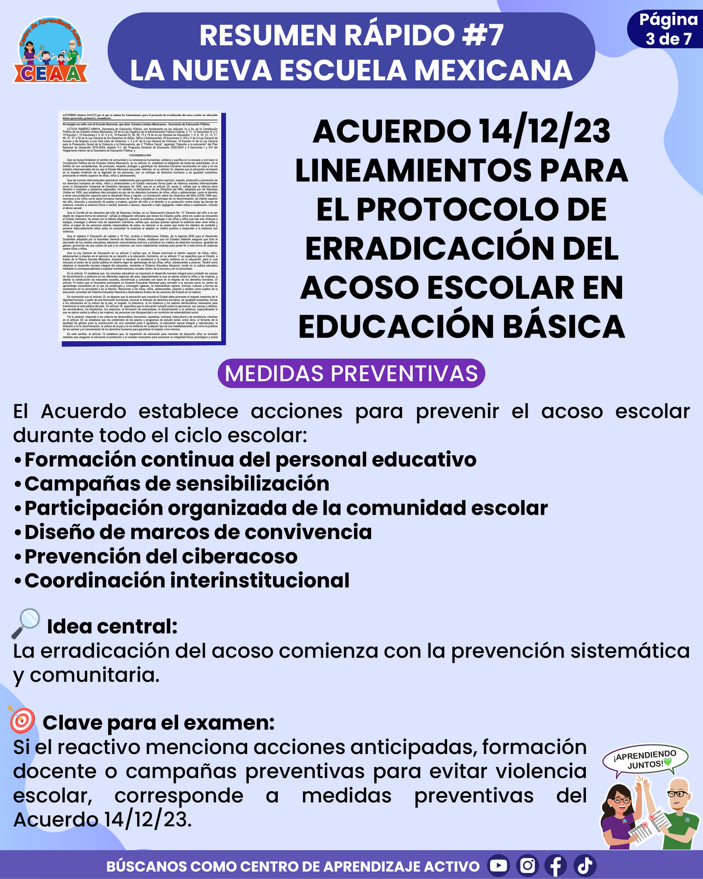 Resumen Rápido #7: ACUERDO 14/12/23 LINEAMIENTOS PARA EL PROTOCOLO DE ERRADICACIÓN DEL ACOSO ESCOLAR EN EDUCACIÓN BÁSICA