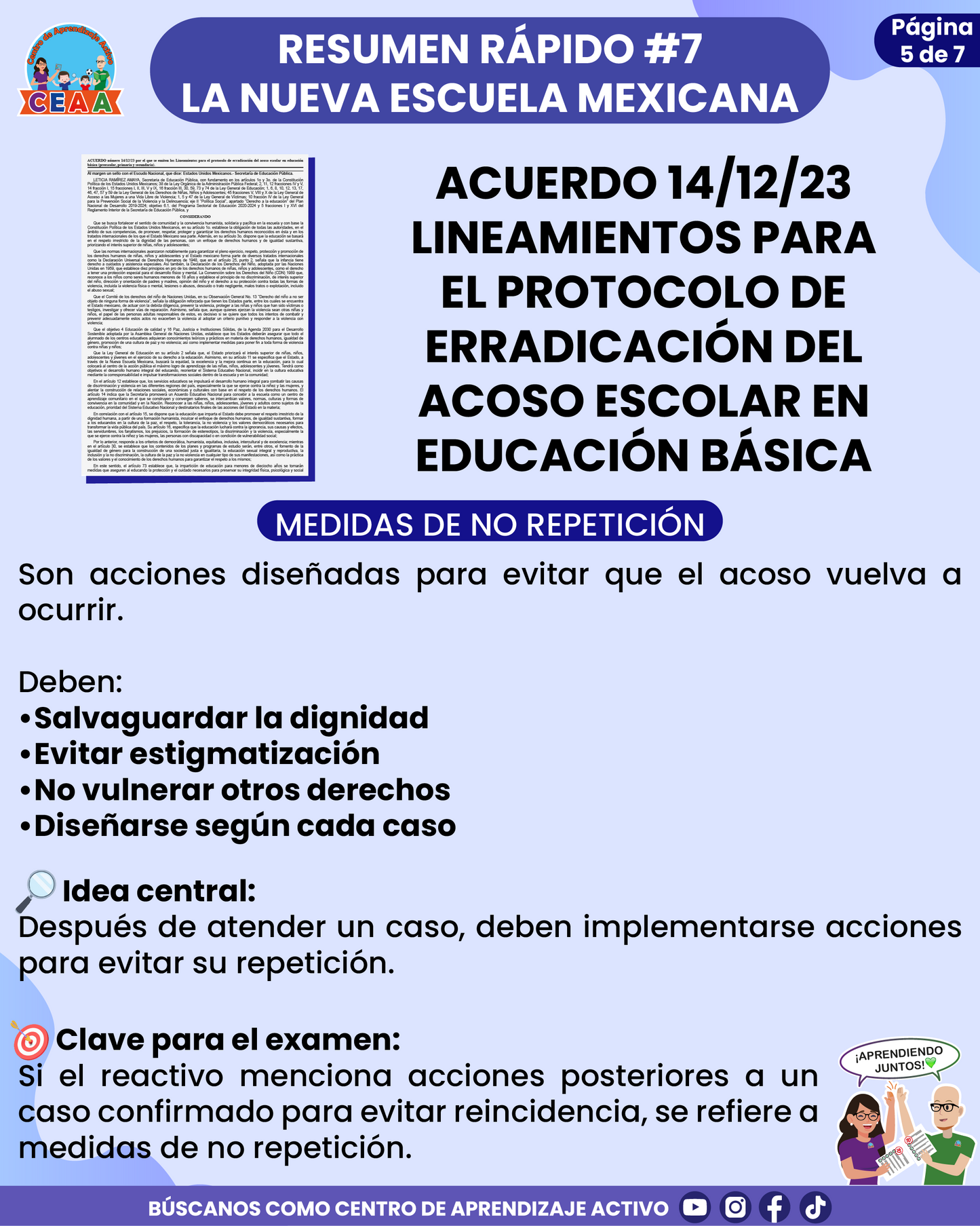 Resumen Rápido #7: ACUERDO 14/12/23 LINEAMIENTOS PARA EL PROTOCOLO DE ERRADICACIÓN DEL ACOSO ESCOLAR EN EDUCACIÓN BÁSICA