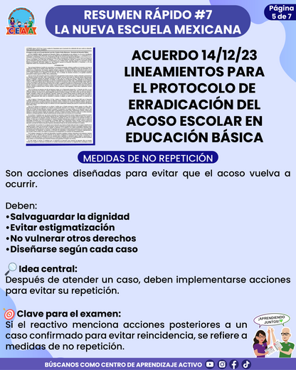 Resumen Rápido #7: ACUERDO 14/12/23 LINEAMIENTOS PARA EL PROTOCOLO DE ERRADICACIÓN DEL ACOSO ESCOLAR EN EDUCACIÓN BÁSICA