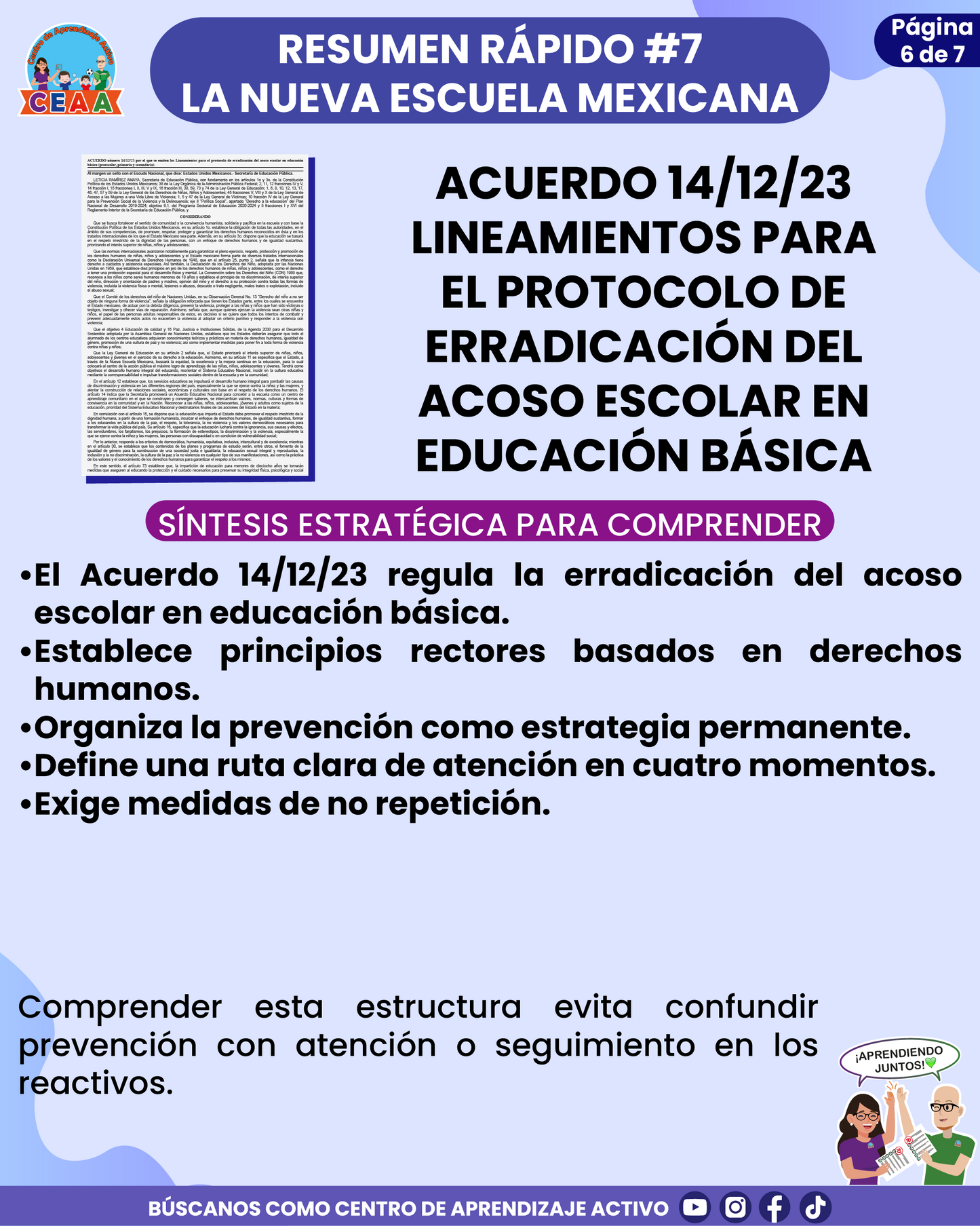 Resumen Rápido #7: ACUERDO 14/12/23 LINEAMIENTOS PARA EL PROTOCOLO DE ERRADICACIÓN DEL ACOSO ESCOLAR EN EDUCACIÓN BÁSICA