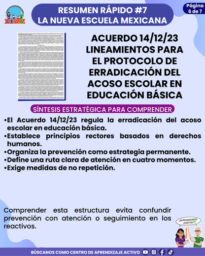 Resumen Rápido #7: ACUERDO 14/12/23 LINEAMIENTOS PARA EL PROTOCOLO DE ERRADICACIÓN DEL ACOSO ESCOLAR EN EDUCACIÓN BÁSICA