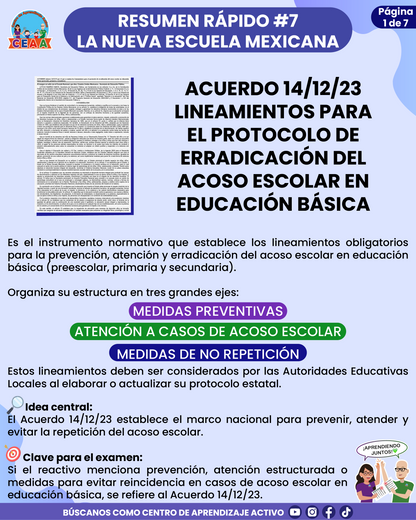 Resumen Rápido #7: ACUERDO 14/12/23 LINEAMIENTOS PARA EL PROTOCOLO DE ERRADICACIÓN DEL ACOSO ESCOLAR EN EDUCACIÓN BÁSICA