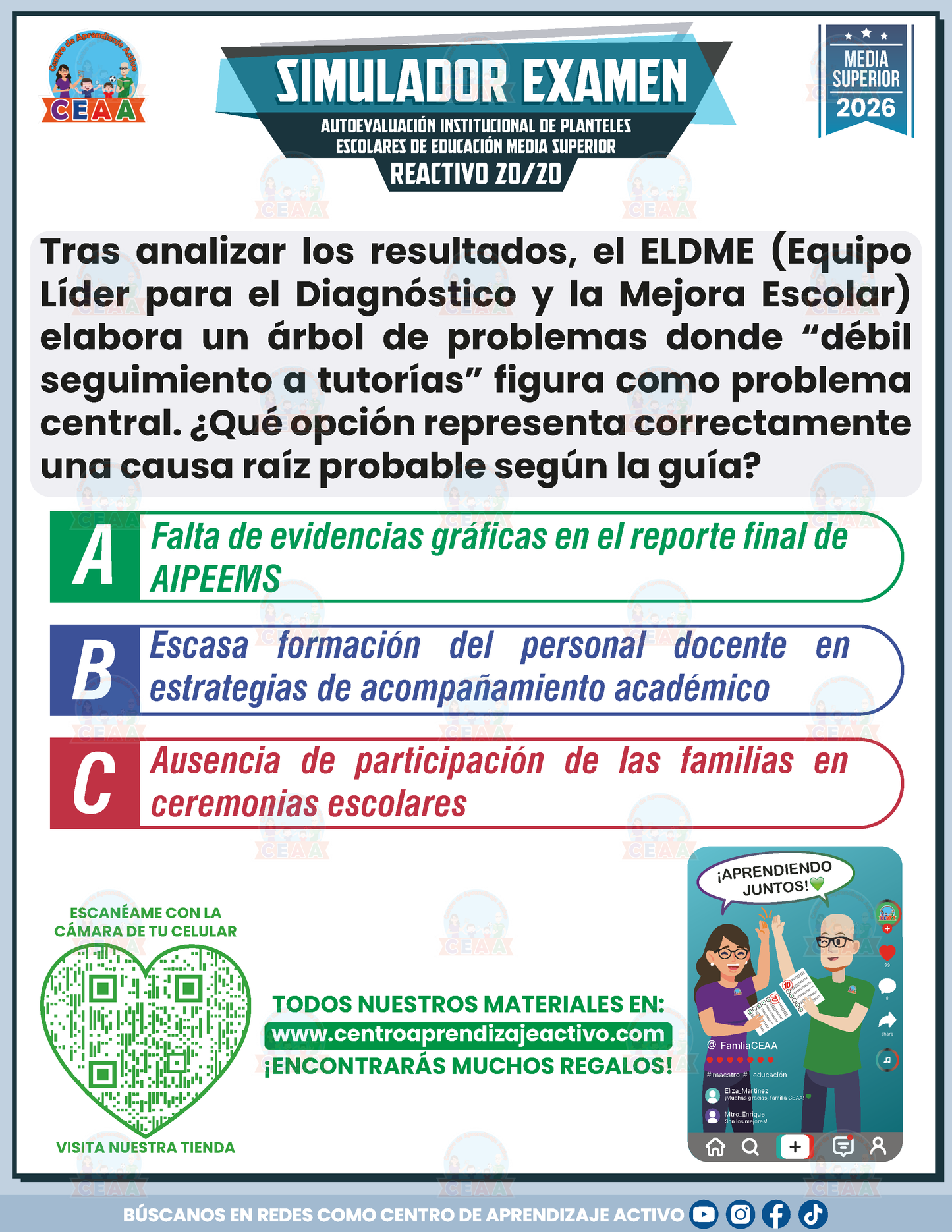 Simulador de Examen - AUTOEVALUACIÓN INSTITUCIONAL DE PLANTELES ESCOLARES DE EDUCACIÓN MEDIA SUPERIOR (AIPEEMS). CONDICIONES Y PROCESOS ESCOLARES. GUÍA PARA EL DIAGNÓSTICO. DIRIGIDA A EQUIPOS DE SUPERVISIÓN - Media Superior