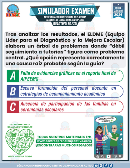 Simulador de Examen - AUTOEVALUACIÓN INSTITUCIONAL DE PLANTELES ESCOLARES DE EDUCACIÓN MEDIA SUPERIOR (AIPEEMS). CONDICIONES Y PROCESOS ESCOLARES. GUÍA PARA EL DIAGNÓSTICO. DIRIGIDA A EQUIPOS DE SUPERVISIÓN - Media Superior
