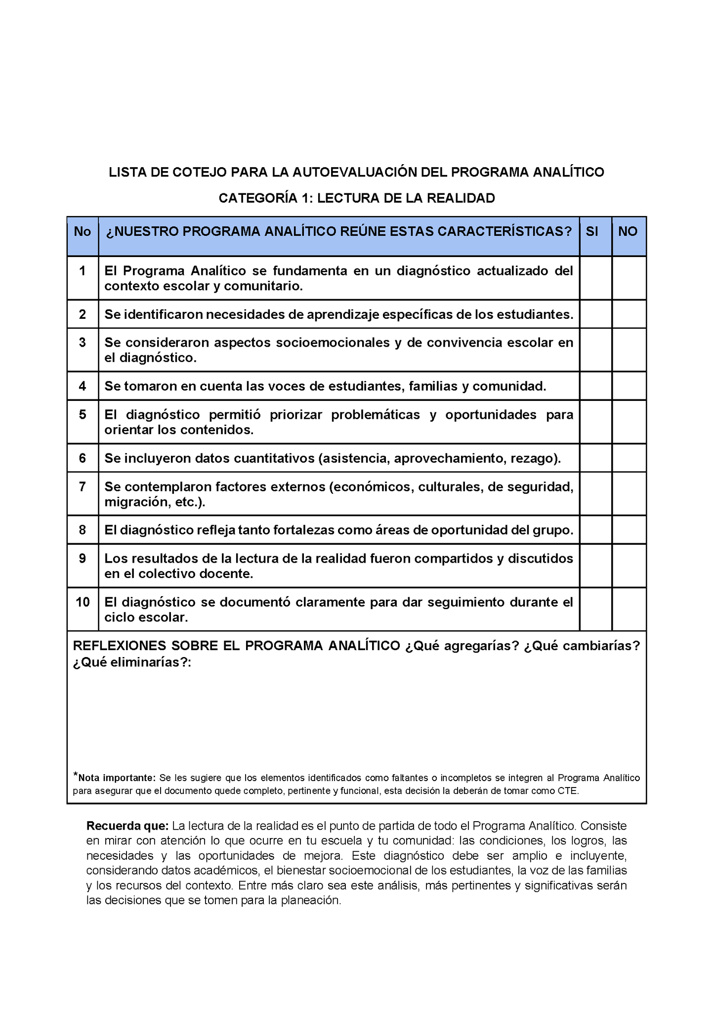 Lista de Cotejo para la Autoevaluación del Programa Analítico para Directores (Editable en Word)