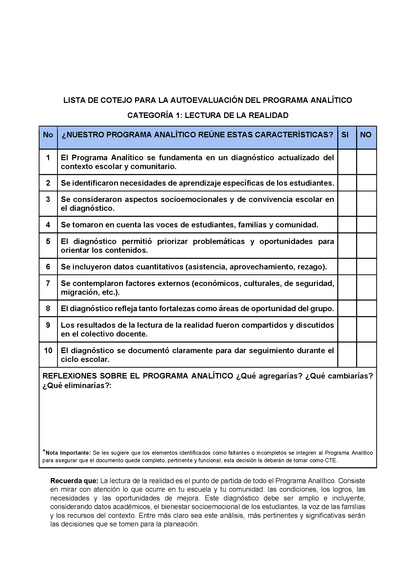 Lista de Cotejo para la Autoevaluación del Programa Analítico para Directores (Editable en Word)