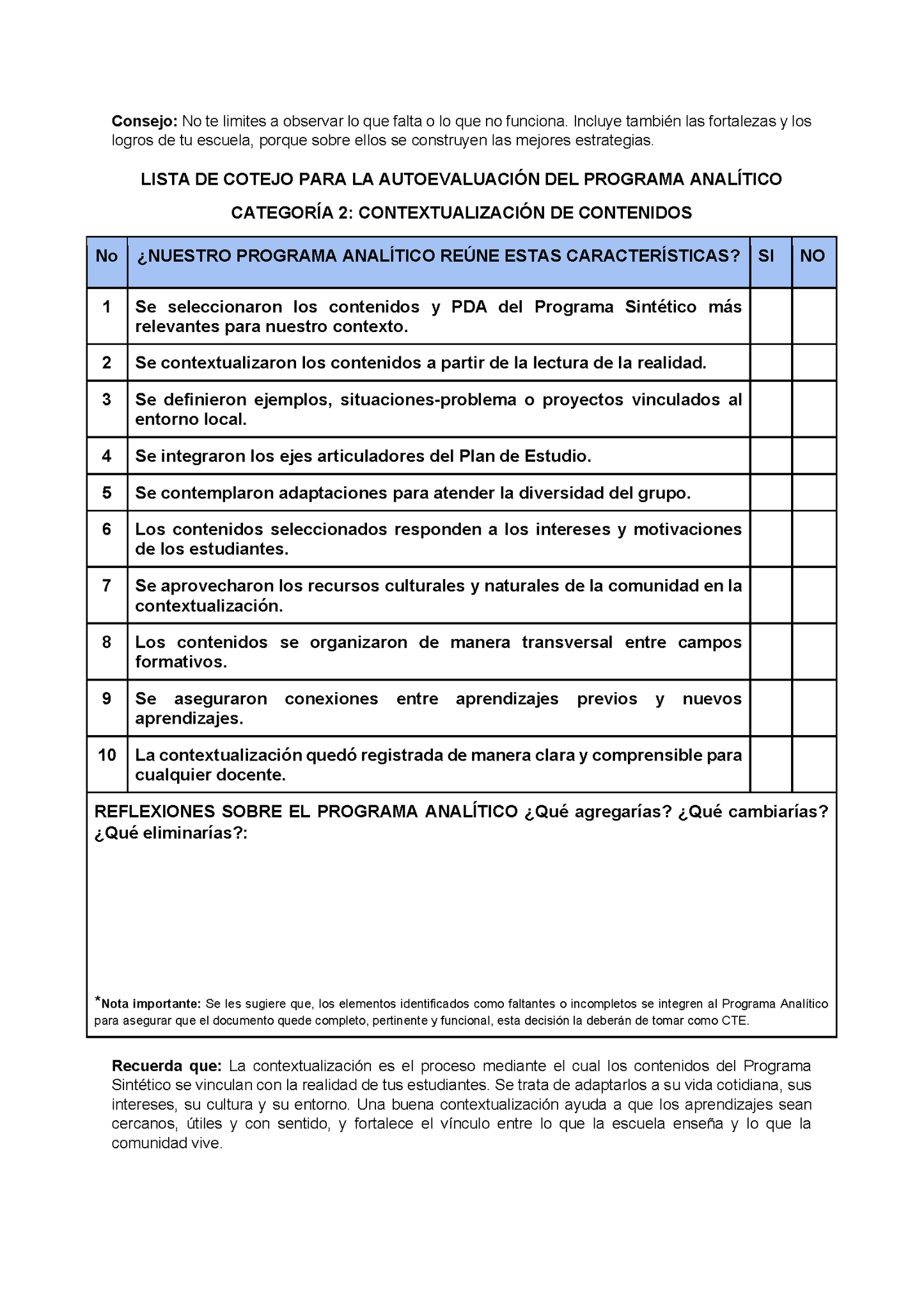 Lista de Cotejo para la Autoevaluación del Programa Analítico para Directores (Editable en Word)