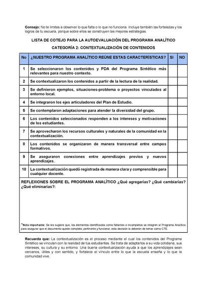 Lista de Cotejo para la Autoevaluación del Programa Analítico para Directores (Editable en Word)