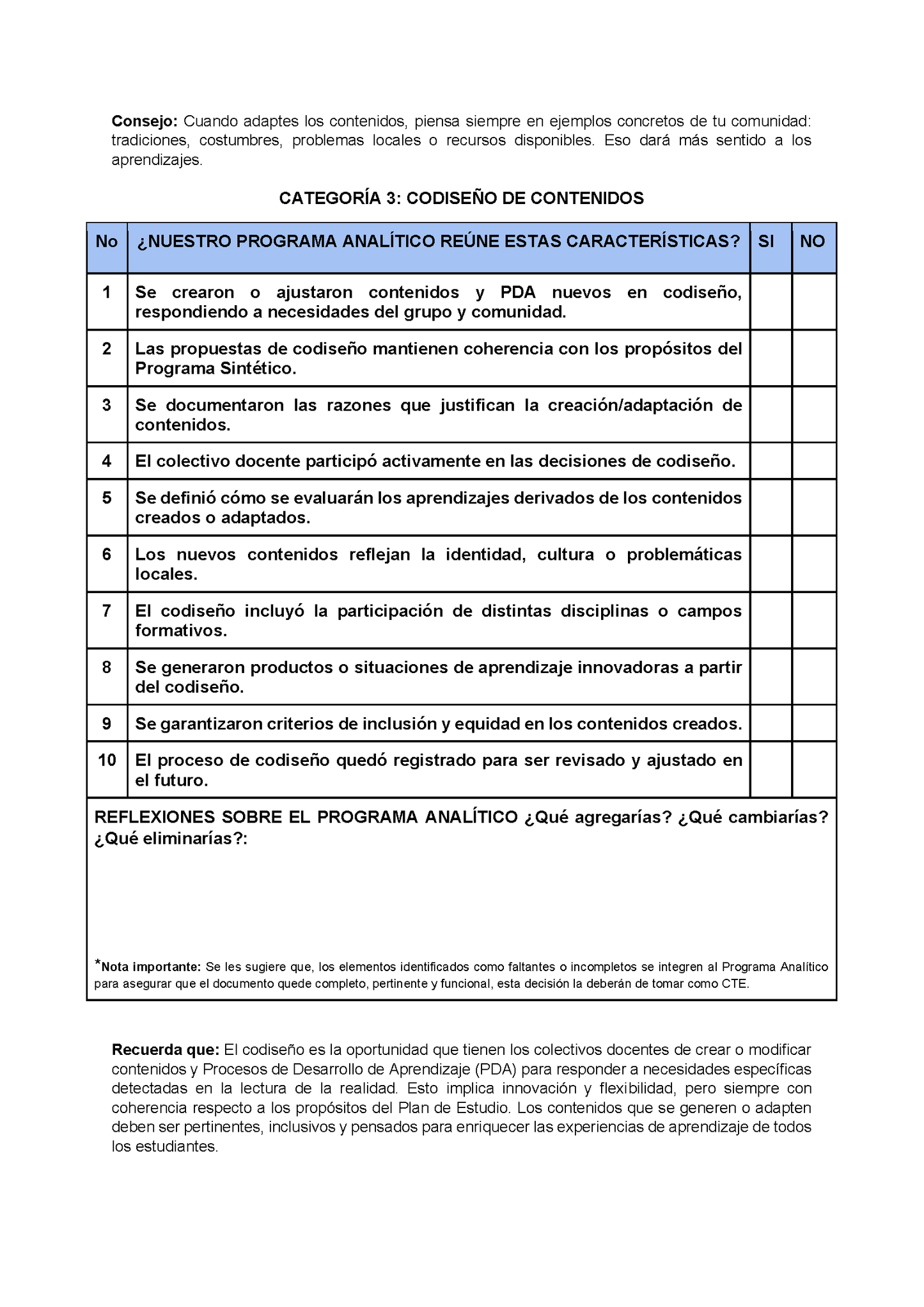 Lista de Cotejo para la Autoevaluación del Programa Analítico para Directores (Editable en Word)