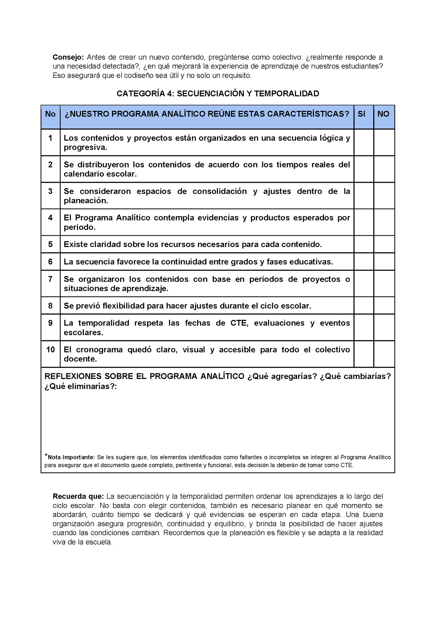 Lista de Cotejo para la Autoevaluación del Programa Analítico para Directores (Editable en Word)