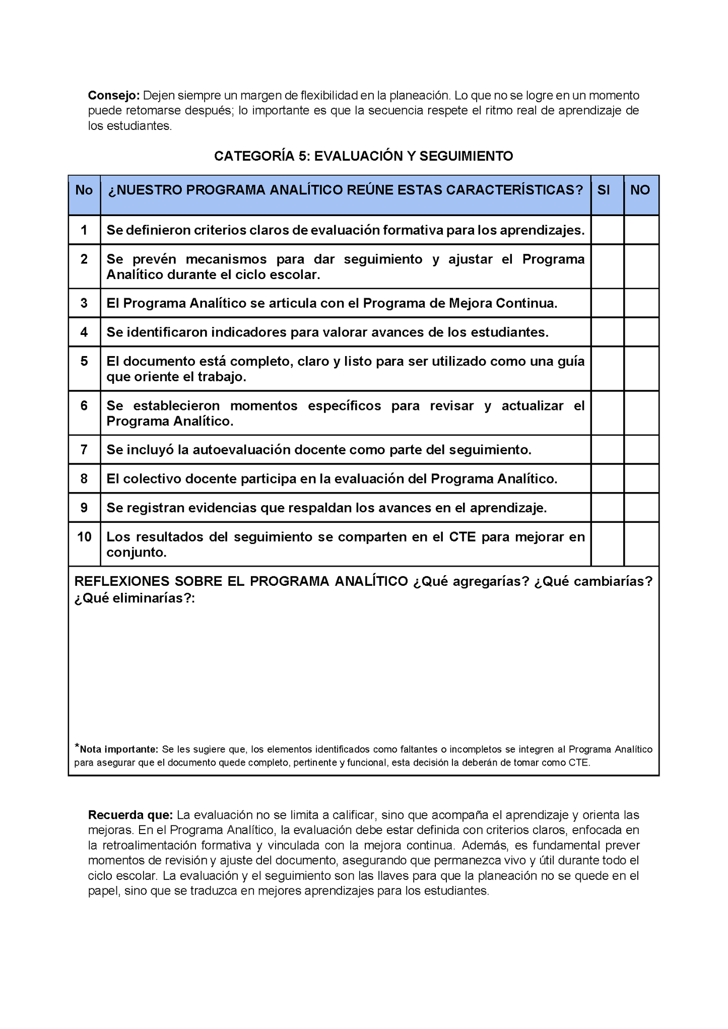 Lista de Cotejo para la Autoevaluación del Programa Analítico para Directores (Editable en Word)