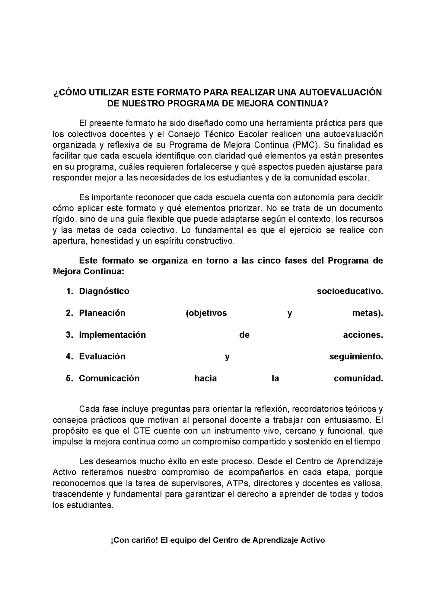 AUTOEVALUACIÓN DEL PROGRAMA DE MEJORA CONTINUA (Editable en Word)