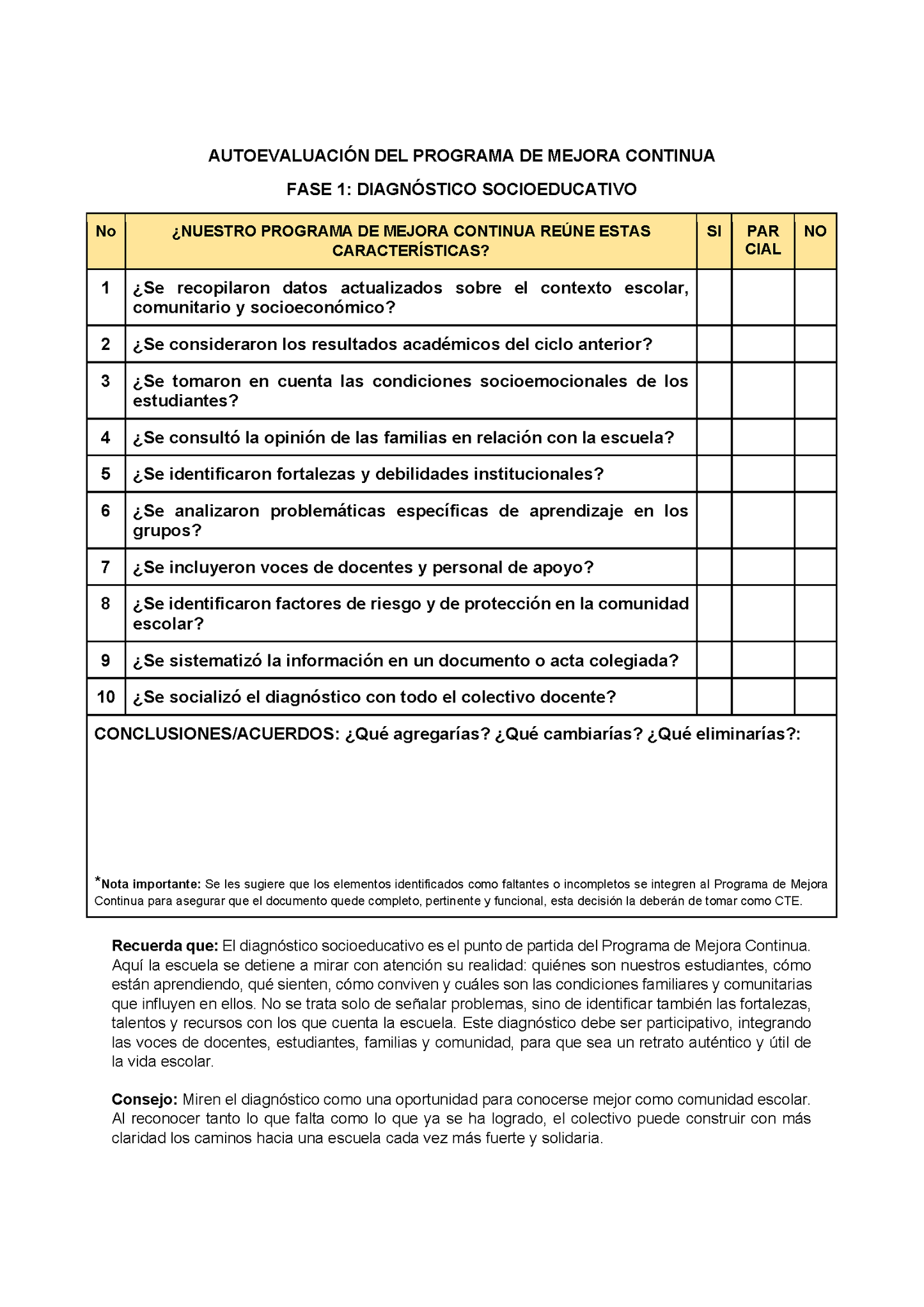 AUTOEVALUACIÓN DEL PROGRAMA DE MEJORA CONTINUA (Editable en Word)