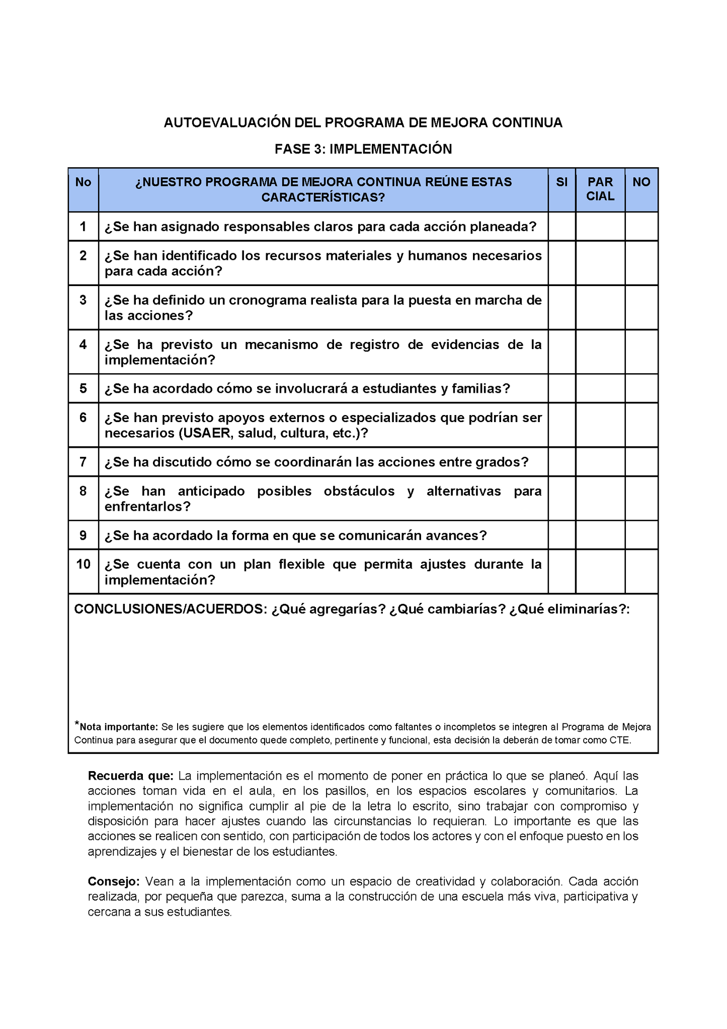 AUTOEVALUACIÓN DEL PROGRAMA DE MEJORA CONTINUA (Editable en Word)