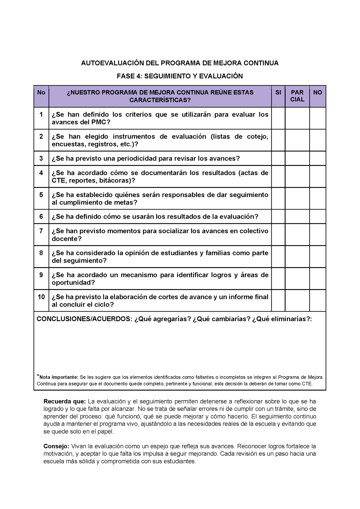 AUTOEVALUACIÓN DEL PROGRAMA DE MEJORA CONTINUA (Editable en Word)