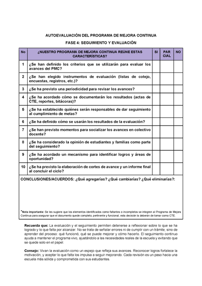 AUTOEVALUACIÓN DEL PROGRAMA DE MEJORA CONTINUA (Editable en Word)
