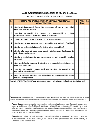 AUTOEVALUACIÓN DEL PROGRAMA DE MEJORA CONTINUA (Editable en Word)