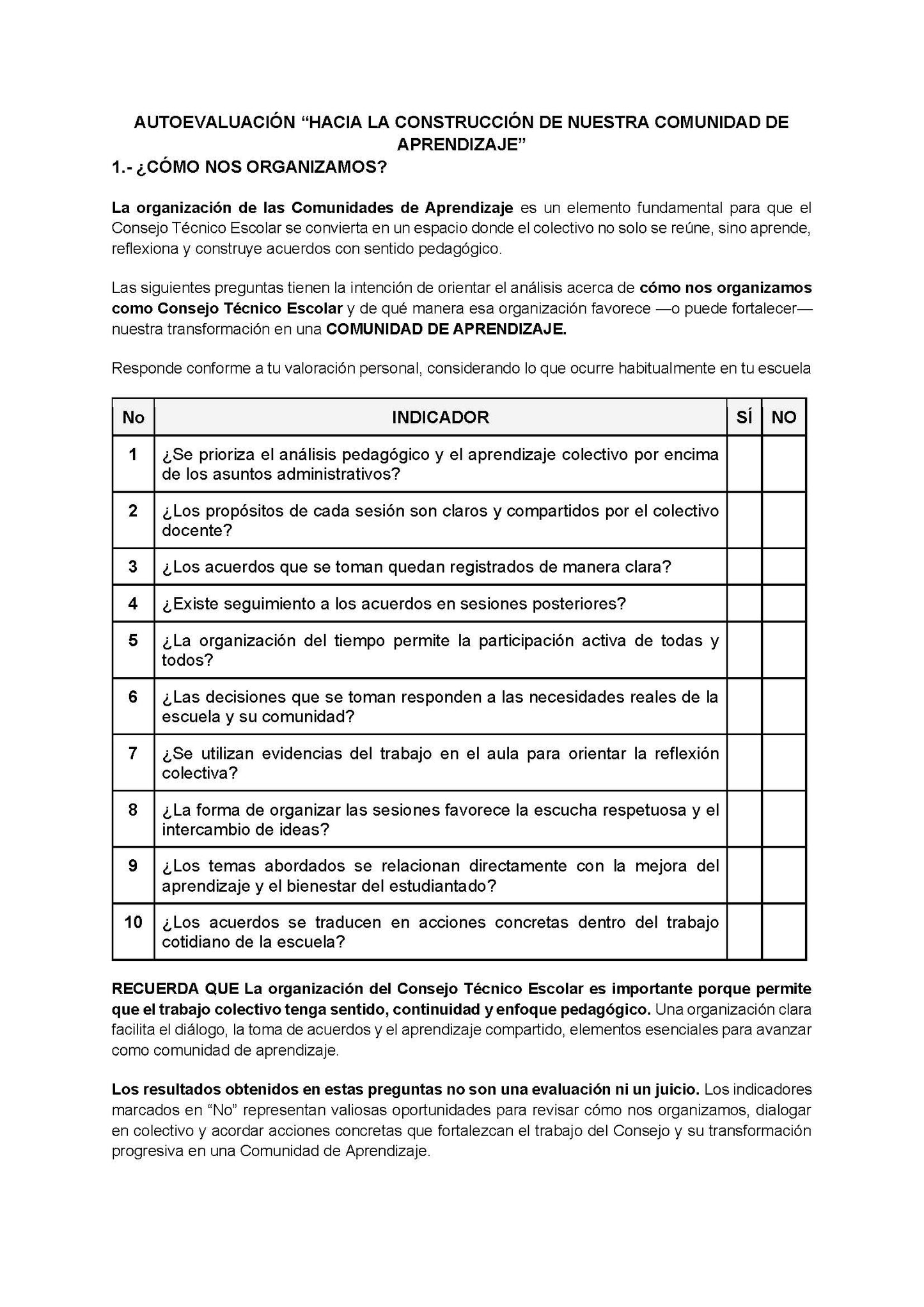 AUTOEVALUACIÓN - HACIA LA CONSTRUCCIÓN DE NUESTRA COMUNIDAD DE APRENDIZAJE (Editable en Word)