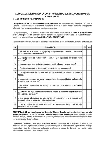 AUTOEVALUACIÓN - HACIA LA CONSTRUCCIÓN DE NUESTRA COMUNIDAD DE APRENDIZAJE (Editable en Word)