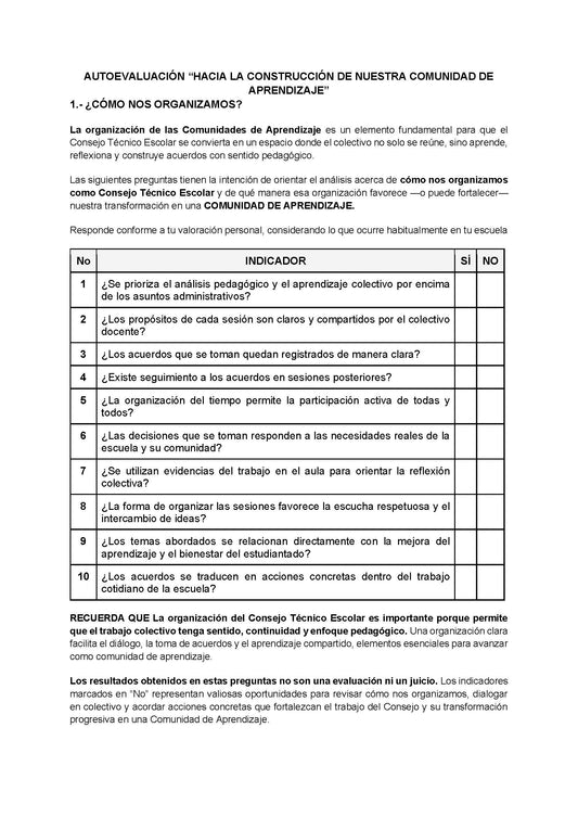 AUTOEVALUACIÓN - HACIA LA CONSTRUCCIÓN DE NUESTRA COMUNIDAD DE APRENDIZAJE (Editable en Word)