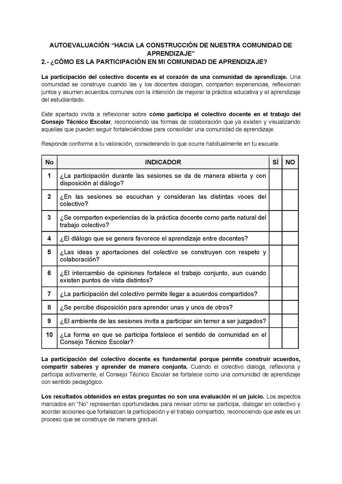 AUTOEVALUACIÓN - HACIA LA CONSTRUCCIÓN DE NUESTRA COMUNIDAD DE APRENDIZAJE (Editable en Word)