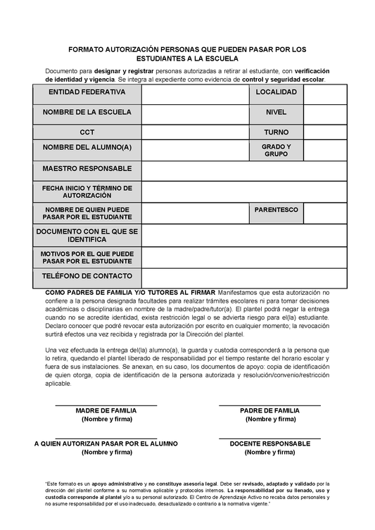 FORMATO AUTORIZACIÓN PERSONAS QUE PUEDEN PASAR POR LOS ESTUDIANTES A LA ESCUELA (Editable en Word)