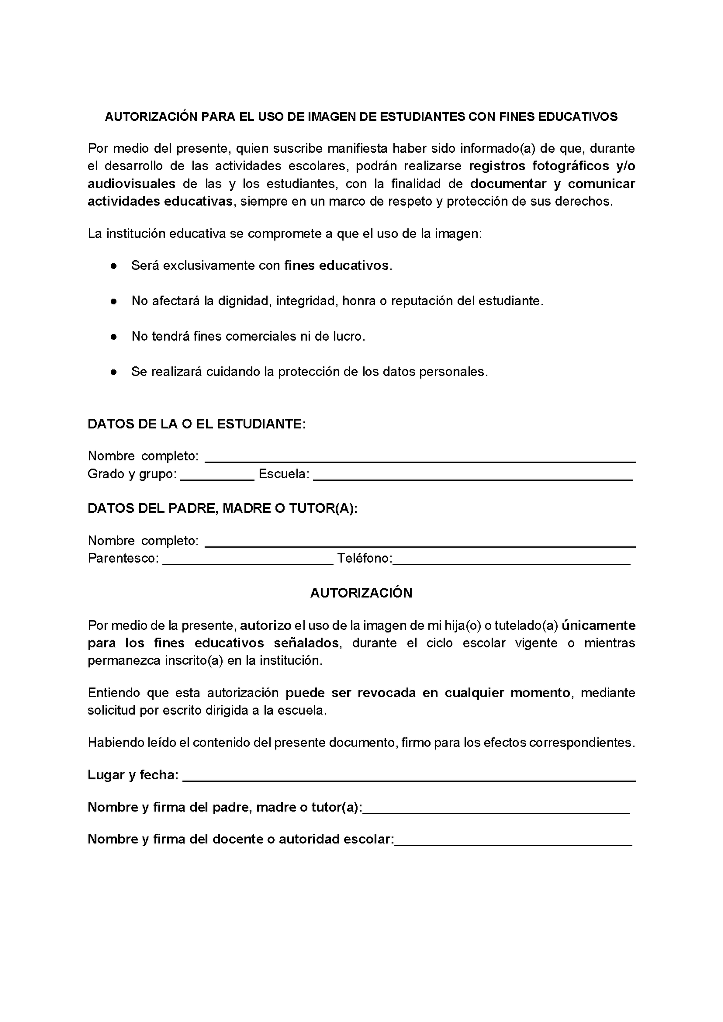 AUTORIZACIÓN PARA EL USO DE IMAGEN DE ESTUDIANTES CON FINES EDUCATIVOS Editable en Word