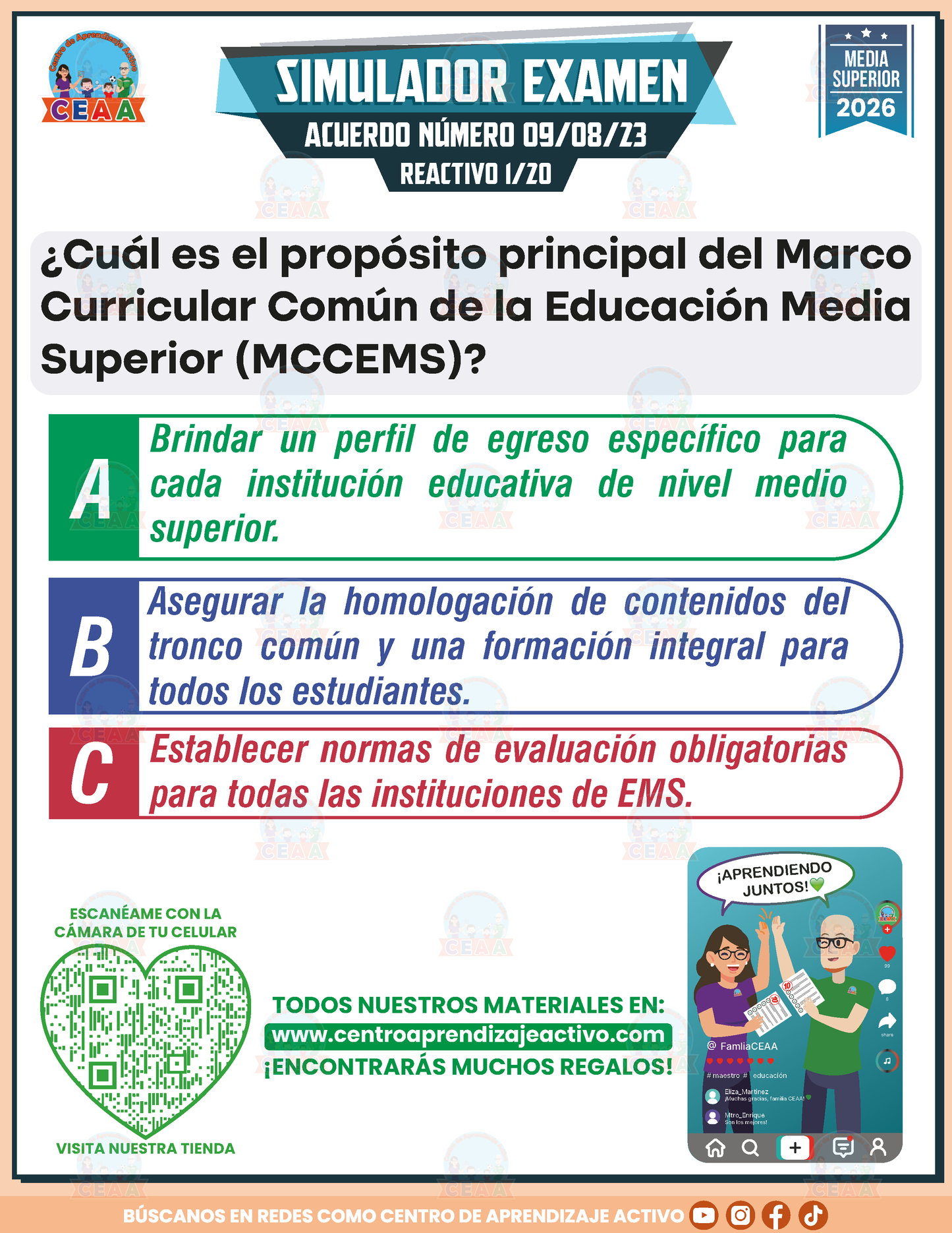 Simulador de Examen - ACUERDO NÚMERO 09/08/23 POR EL QUE SE ESTABLECE Y REGULA EL MCCEMS (MARCO CURRICULAR COMÚN DE LA EDUCACIÓN MEDIA SUPERIOR) - Media Superior
