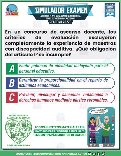 Simulador de Examen - ARTÍCULOS 1° Y 4° DE LA CONSTITUCIÓN POLÍTICA DE LOS ESTADOS UNIDOS MEXICANOS - Media Superior