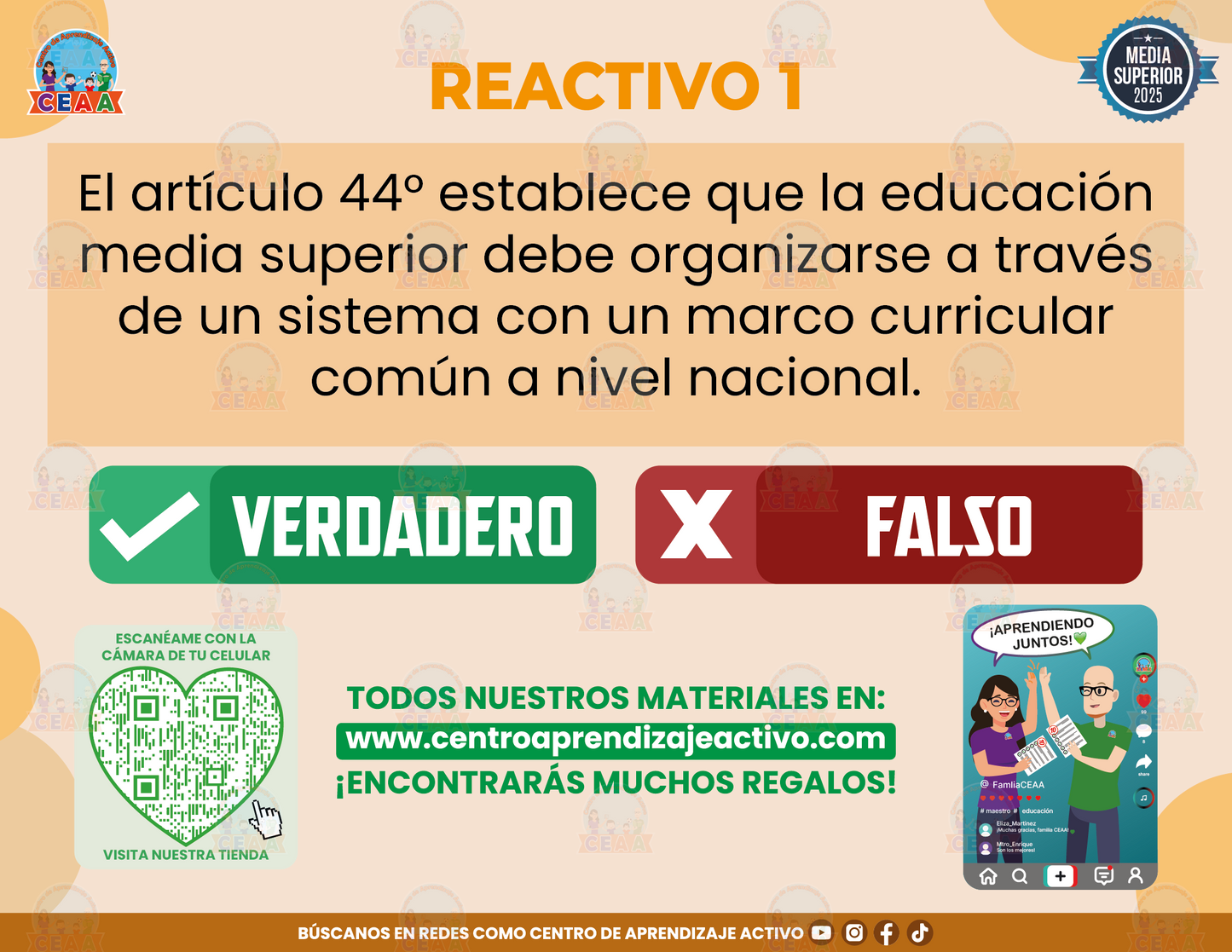 Cuadernillo de Estudio - Artículos 44°, 45° y 46° de la Ley General de Educación - Verdadero o Falso Media Superior