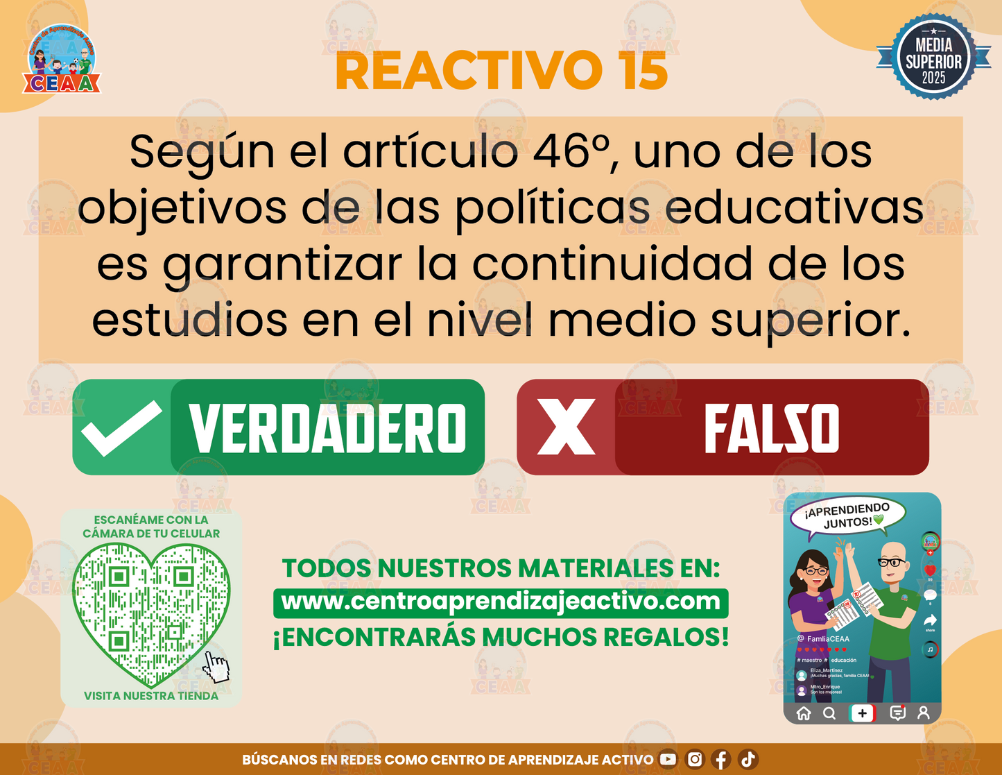 Cuadernillo de Estudio - Artículos 44°, 45° y 46° de la Ley General de Educación - Verdadero o Falso Media Superior