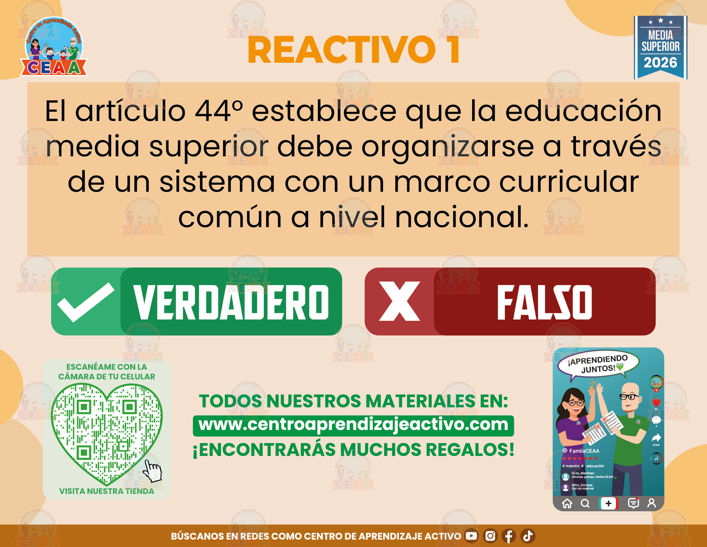 Cuadernillo de Estudio - ARTÍCULOS 44°, 45° Y 46° DE LA LEY GENERAL DE EDUCACIÓN - Verdadero o Falso - Media Superior
