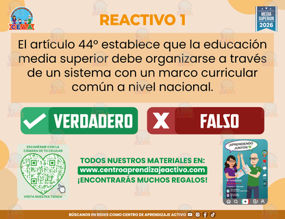 Cuadernillo de Estudio - ARTÍCULOS 44°, 45° Y 46° DE LA LEY GENERAL DE EDUCACIÓN - Verdadero o Falso - Media Superior