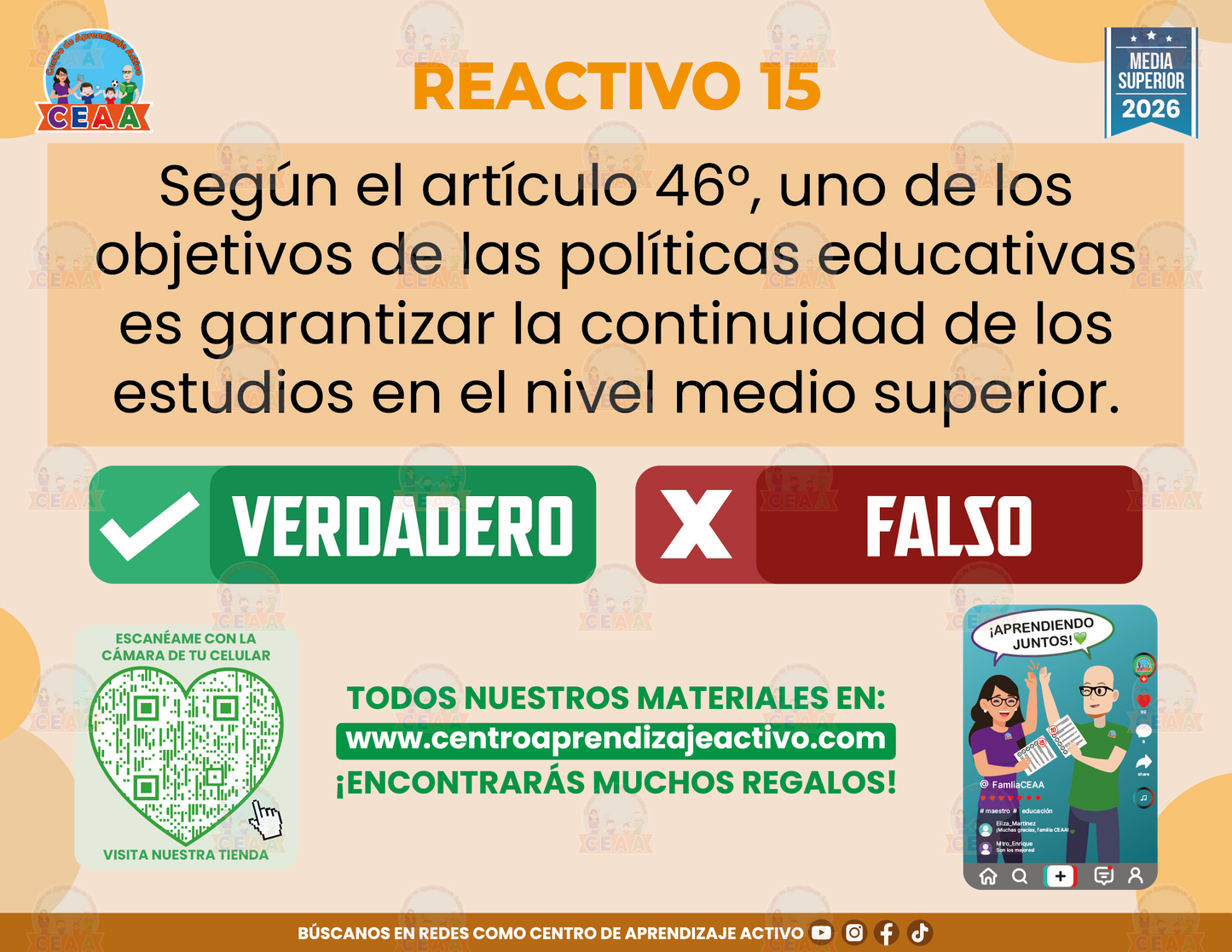 Cuadernillo de Estudio - ARTÍCULOS 44°, 45° Y 46° DE LA LEY GENERAL DE EDUCACIÓN - Verdadero o Falso - Media Superior