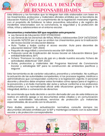 BITÁCORA PARA LA PREVENCIÓN, REGISTRO Y ATENCIÓN DE INCIDENCIAS Y ACOSO ESCOLAR en PDF Versión 3