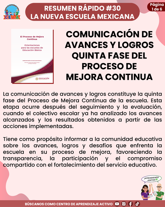 Resumen Rápido #30: COMUNICACIÓN DE AVANCES Y LOGROS QUINTA FASE DEL PROCESO DE MEJORA CONTINUA
