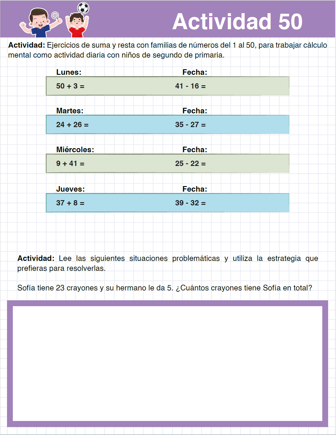 Cuadernillo MATEMÁTICAS 50 Actividades de Cálculo Mental y Problemas Matemáticos SEGUNDO Grado Primaria
