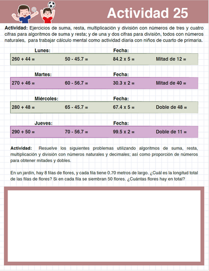 Cuadernillo MATEMÁTICAS 50 Actividades de Cálculo Mental y Problemas Matemáticos QUINTO Grado Primaria